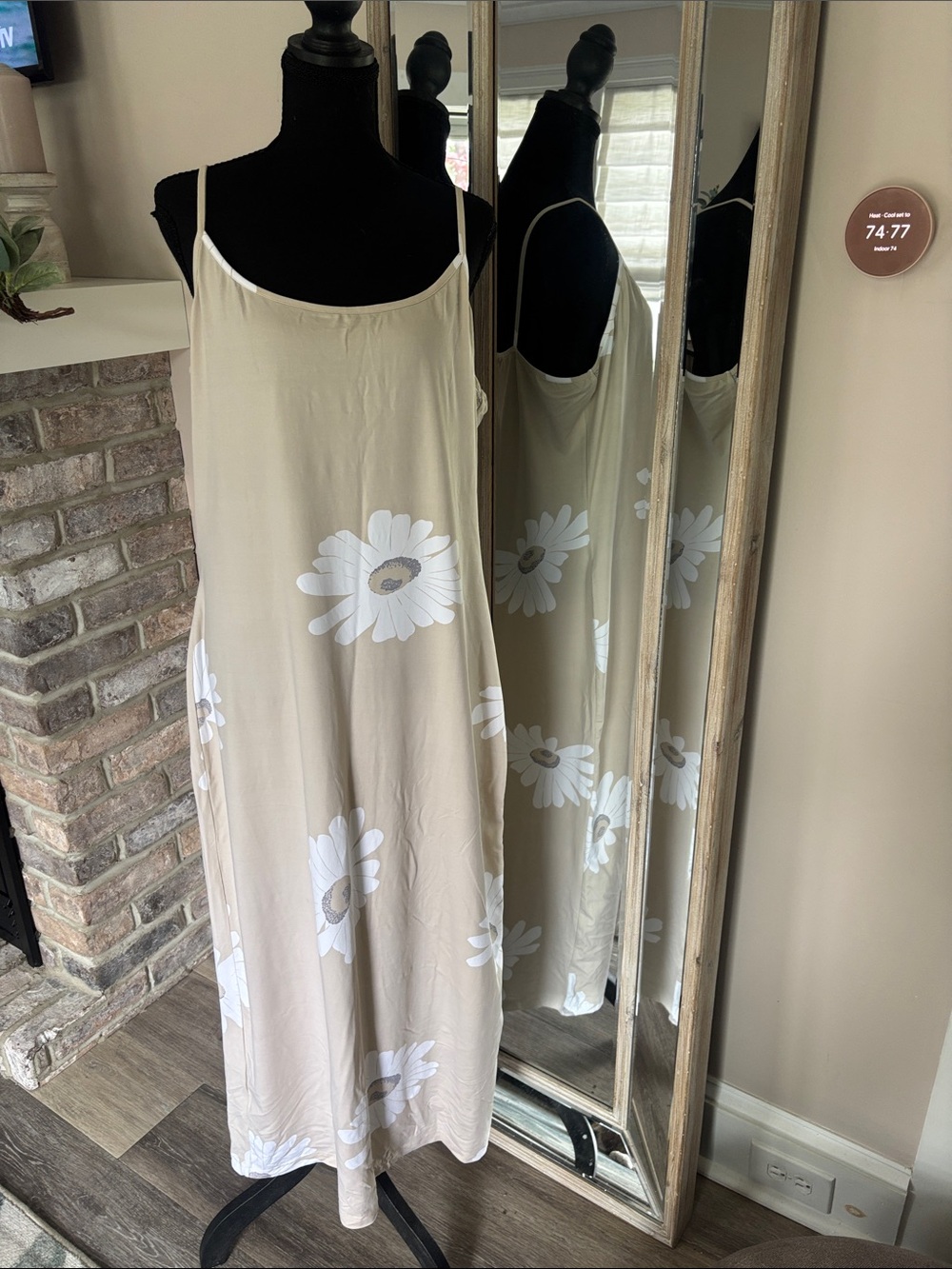 Daisy-Print Beige Maxi Slip Dress